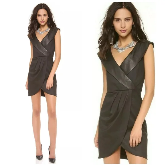 Alice + olivia Shayna Leather Trim Shawl Collar Faux Wrap Black Dress - Picture 3 of 15